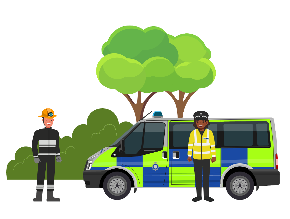 Graphic showing a fireman and a police woman next to a police van