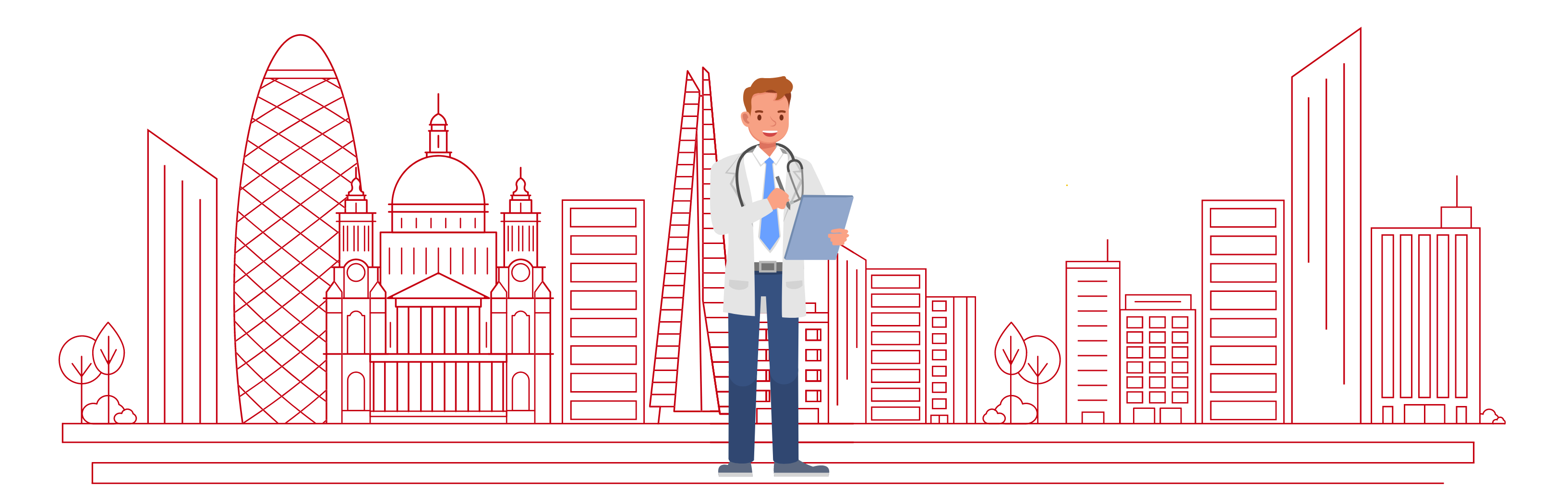 Graphic showing a male doctor in front of a city skyline