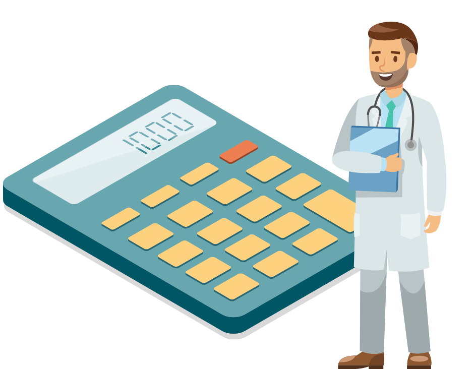 Graphic showing a male doctor next to an oversized calculator