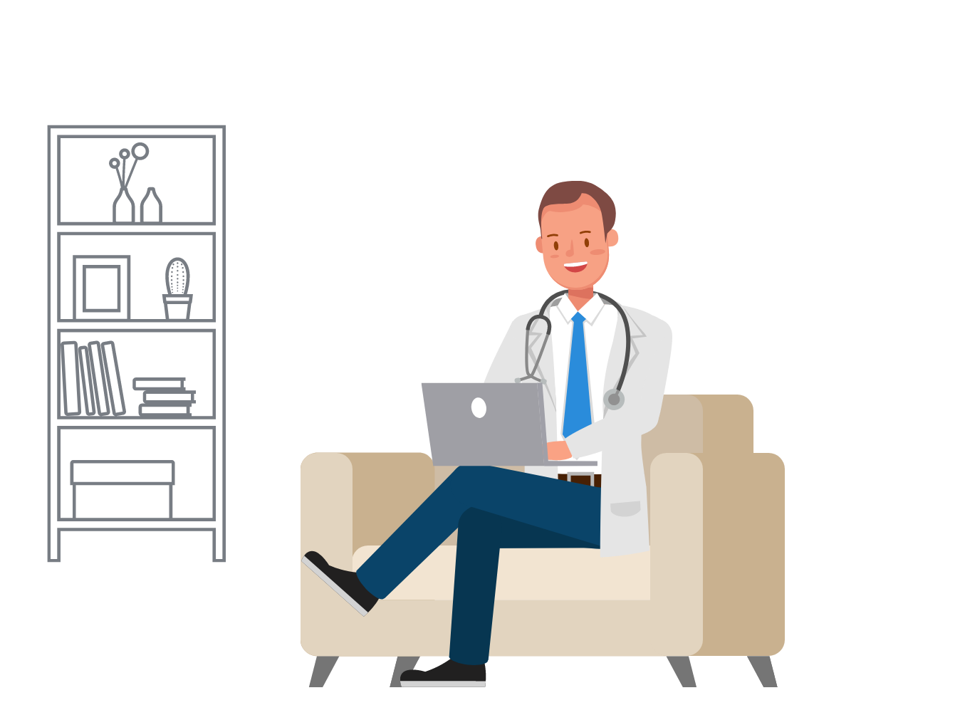 Graphic showing a male doctor sitting in an armchair with a laptop