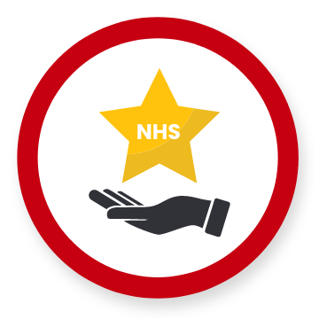 Graphic showing a red circle with a hand holding a star with "NHS" on it inside of it