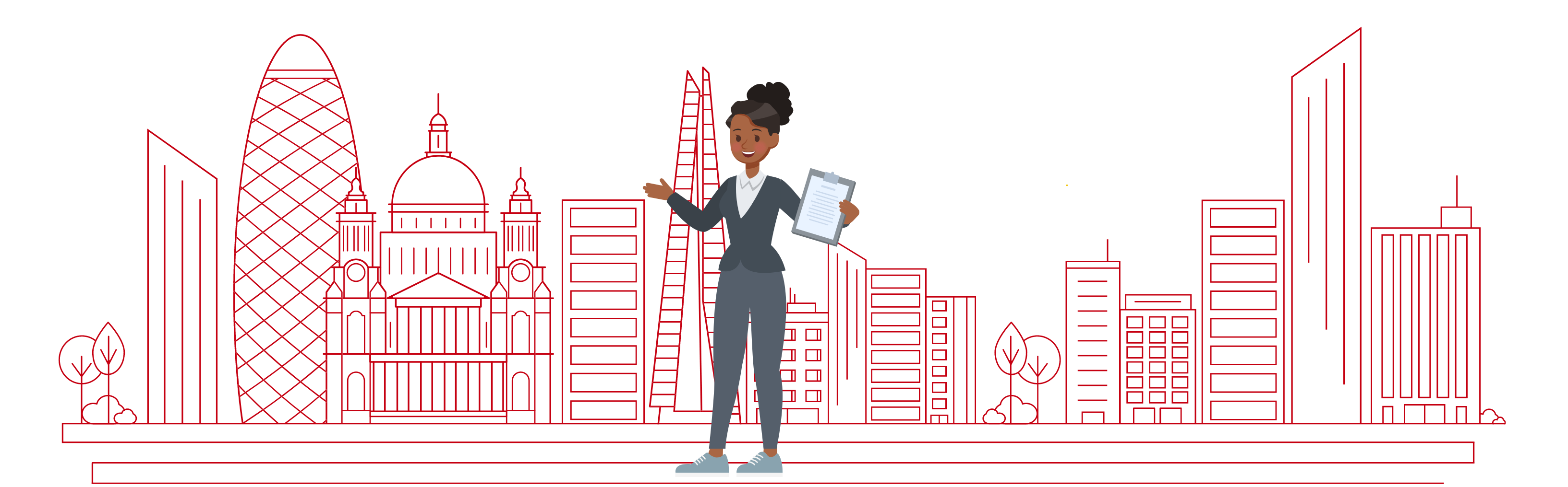 Graphic showing a female teacher in front of a city skyline