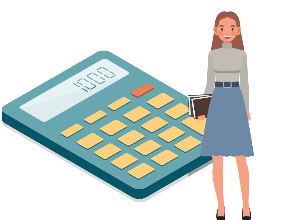 Graphic showing a female teacher next to an oversized calculator