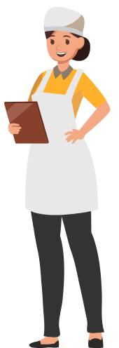 Graphic showing a dinner lady in uniform looking at a menu