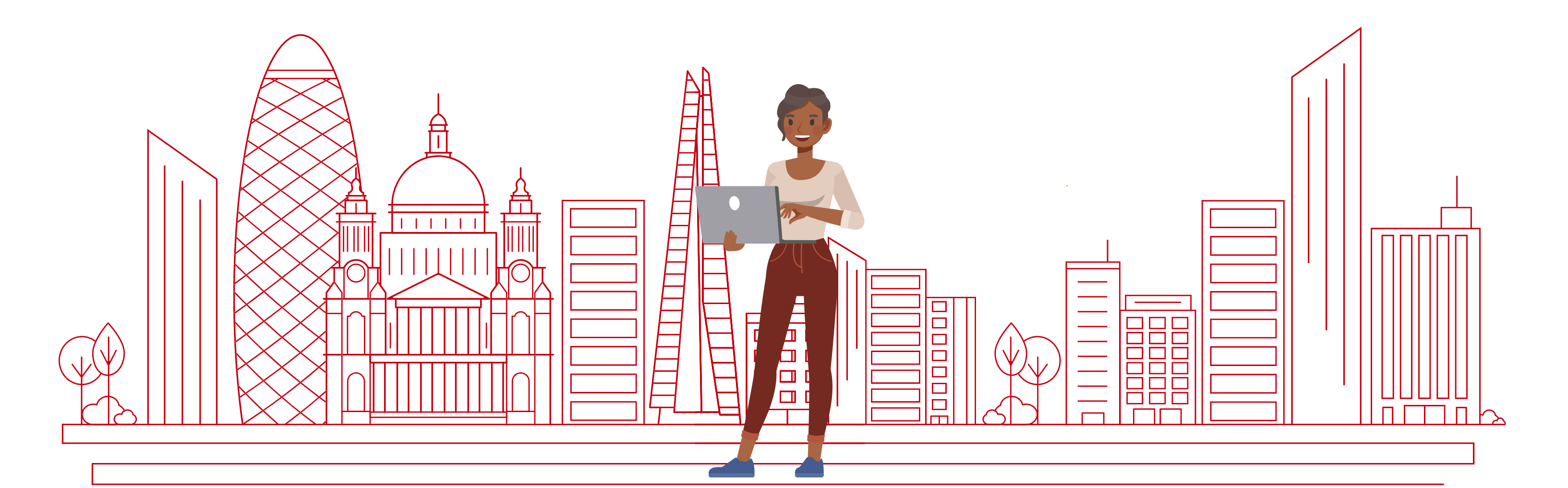 Graphic showing a female social worker in front of a city skyline