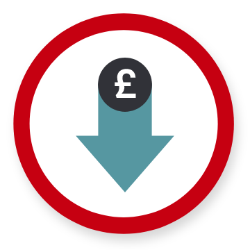 Graphic showing a red circle with a pound coin and an downwards arrow inside of it