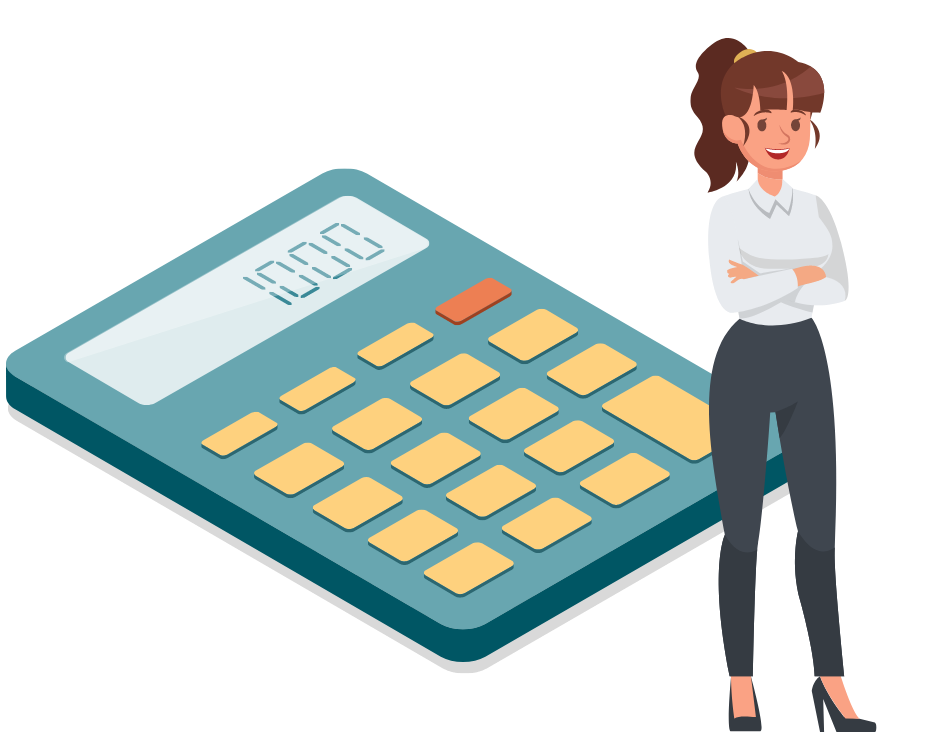 Graphic showing a woman next to an oversized calculator