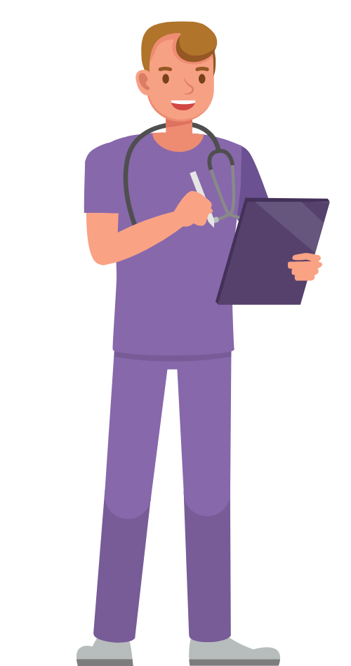 Graphic showing a male NHS worker wearing scrubs holding a clipboard and pen