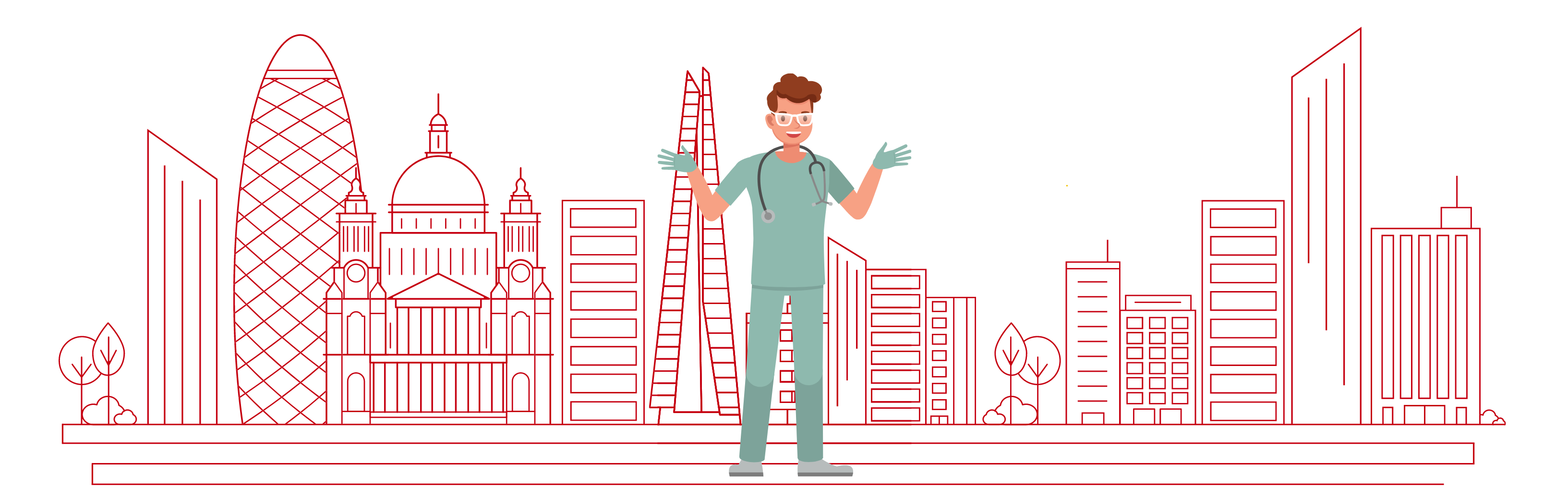 Graphic showing a male NHS worker in front of a city skyline