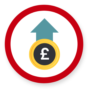 Graphic showing a red circle with a pound coin and an upwards arrow inside of it
