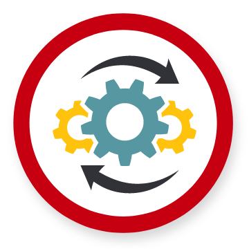 Graphic showing a red circle with some cogs surrounded by some arrows inside of it
