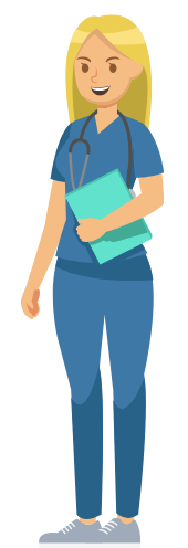 Graphic showing a female nurse in scrubs holding a chart