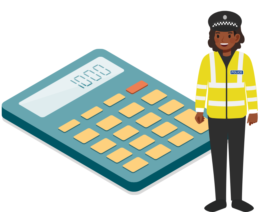 Graphic showing a policewoman next to an oversized calculator