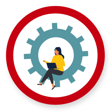 Graphic showing a red circle with a woman sitting on a cog with a laptop inside of it