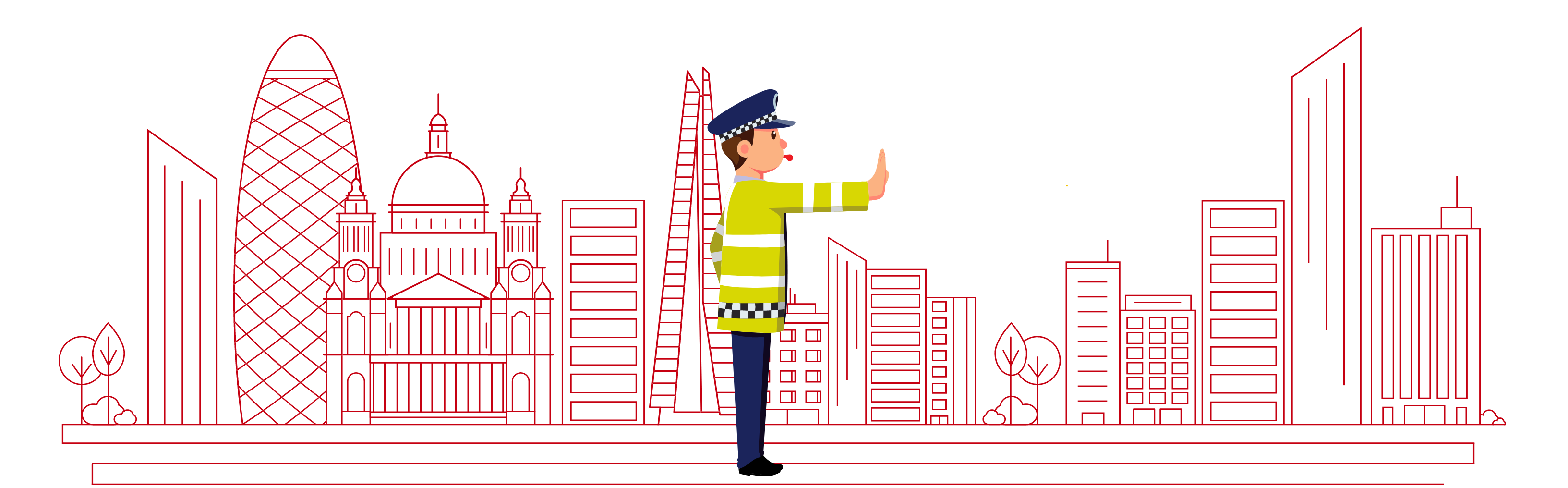 Graphic showing a male traffic officer in front of a city skyline