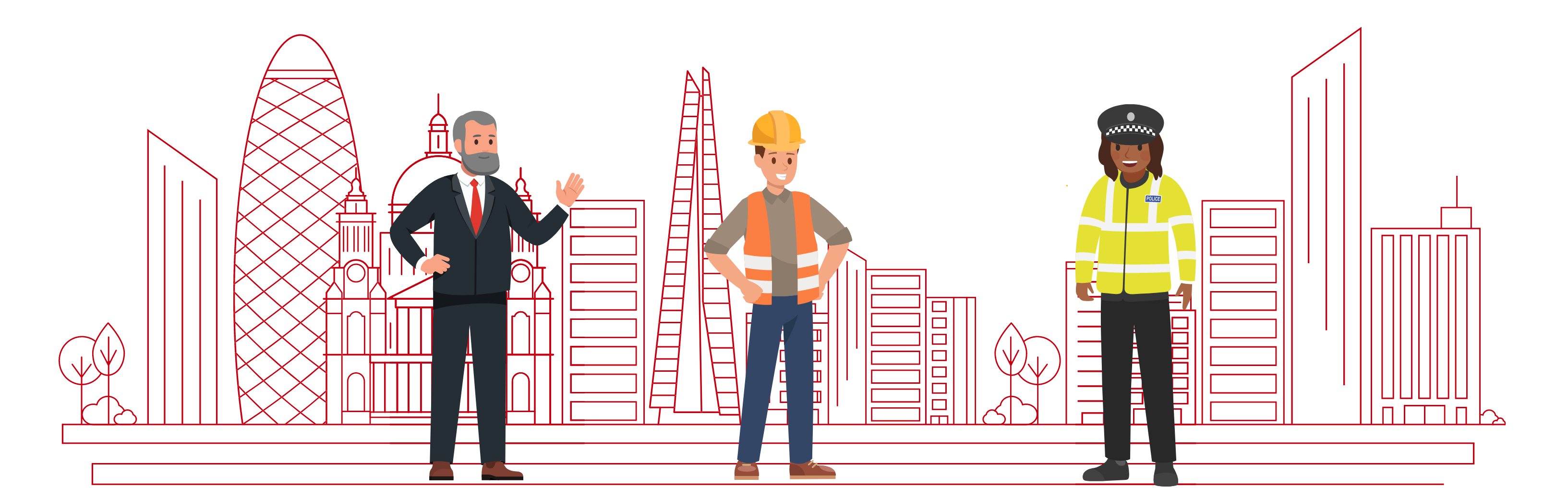 Graphic showing a male teacher, male engineer and a female police officer in front of a city skyline