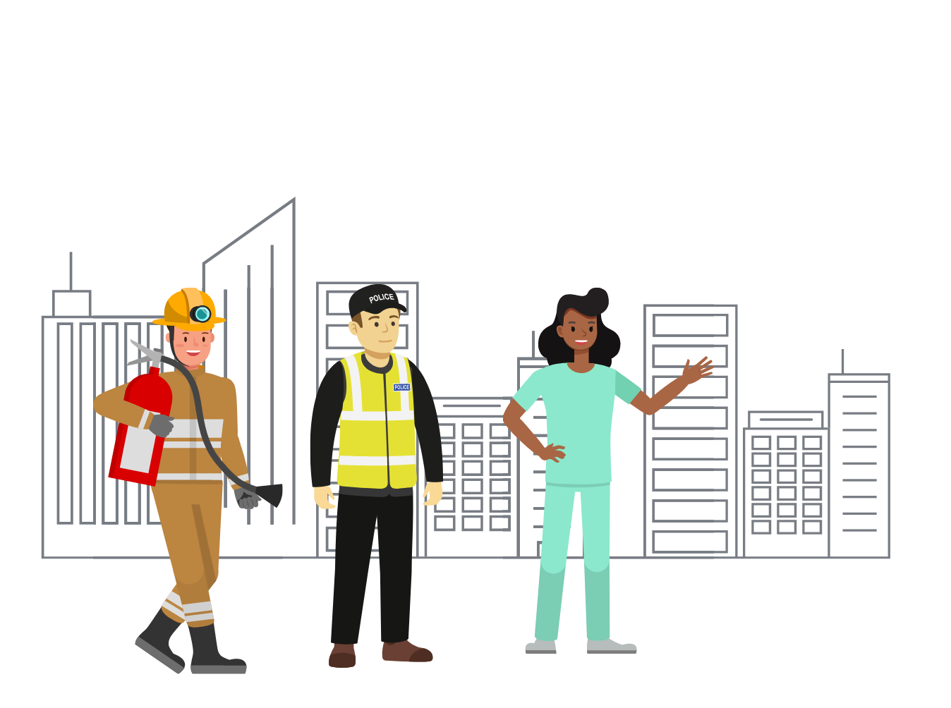 Graphic showing a fireman, policeman and female NHS worker