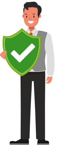 Graphic showing a male holding a green shield with a tick mark on it