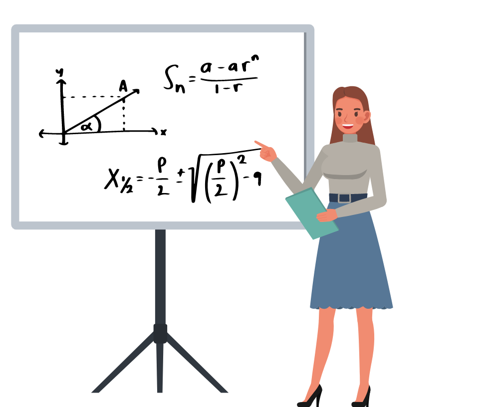 Graphic showing a teacher pointing at some formulae on a white board