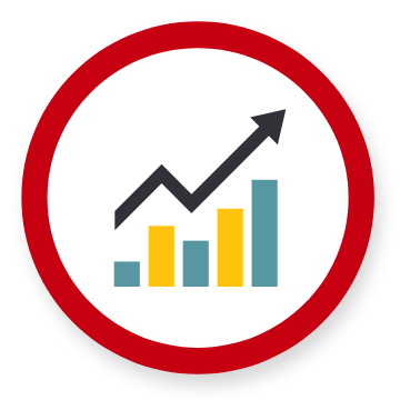 Graphic showing a red circle with a bar chart and an upwards arrow inside of it