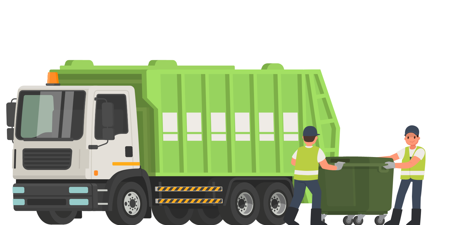 Graphic showing two workers taking a large bin to their bin lorry