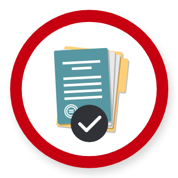 Graphic showing a red circle with some paperwork inside of it