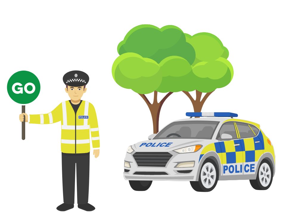 Graphic showing a traffic officer holding a green "GO" sign near a police car