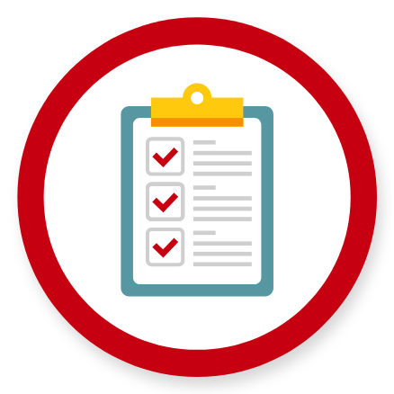 Graphic showing a red circle with clipboard with a checklist on it inside of it