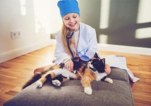 Image showing a girl dressed as a doctor using a stethescope on her cat